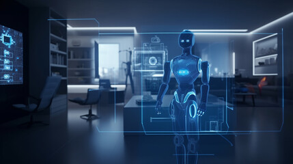 Naklejka premium Ai robot with technology background