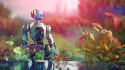 Ai futuristic robot in the forest background