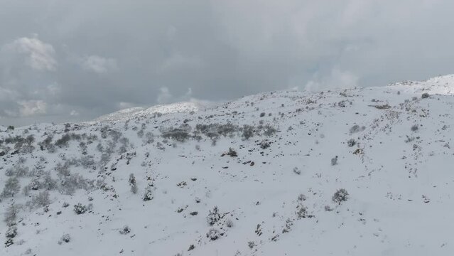 Aerial view of Hermon mountain covered with snow in winter 
