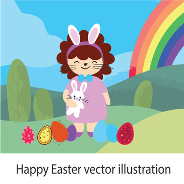 Happy Easter - colorful vector cute flat illustration for children, small girl with bunny toy and Easter eggs
