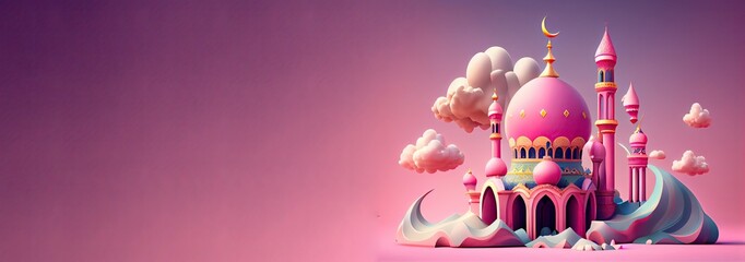 papercut lantern and mosque islamic, eid mubarak banner with generative AI	