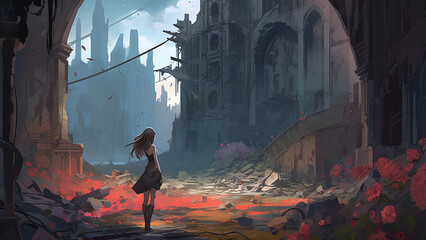 Girl standing in the ruins of the destroyed city, Digital Art Style, Generative AI