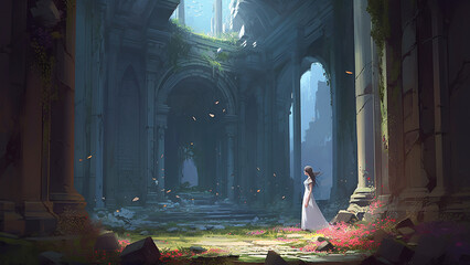Girl standing in the ruins of the destroyed city (3), Digital Art Style, Generative AI