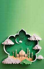 papercut lantern and mosque islamic, eid mubarak banner with generative AI	