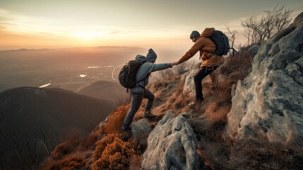 Couple Joining Hands to Reach Success: Hiking a Mountain at Sunset as Teamwork & Leadership Exercise. Generative AI