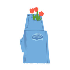 Blue denim trousers vector illustration. Modern jeans. Trendy outfit isolated drawing. Composition of modern clothes with flowers on a white background
