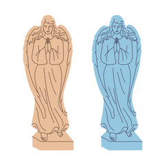 Marble sculptures of religious sorrowful angels vector illustration. Two color statues with wings on a white background. Cartoon flat drawing of angels who folded their hands for prayer
