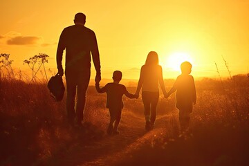 Happy Family Silhouettes Holding Hands at Sunset - the Perfect Picture of a Healthy Lifestyle, Generative AI