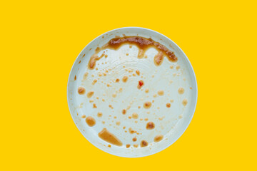 Dirty dish on yellow background. Top view