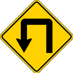 Warning Sign, Double Left Turn Symbol On White Background