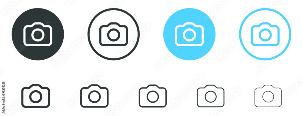 Aufkleber camera icon button, photo camera icon symbol, snapshot icon in filled, thin line, outline and stroke