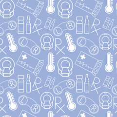medical pattern with elements of thermometer, mrt, pills in a box, contact lenses, recipe logo and ampoules