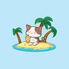 Obraz na płótnie Canvas cute cat Enjoy summer sunbathing on a small island under coconut tree while drinking iced juice