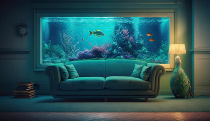 Minimal living room with interior sofa and under the sea fish tank or aquarium decoration, underwater with coral reef and fishes design concepts, Home decoration mock up, with Generative AI.