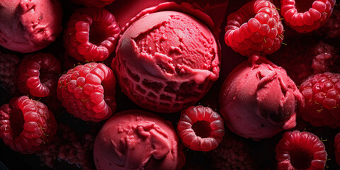 tasty and sweet raspberry ice cream balls, top view, close up, created with generative ai - obrazy, fototapety, plakaty