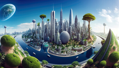 Obraz premium Futuristic friendly ecology mega city buildings and towers, green environment city center metropolis, forest and garden in midtown, greenery skyscraper, Sustainable nature with Generative AI