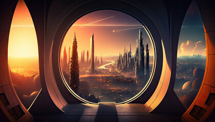 Naklejka na ściany i meble Mega capital city futuristic Sci-fi town background, sci-fi landscape fantastic, alien city planet society, night scene with stars and planet, with Generative AI.