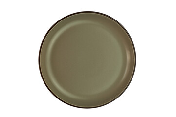 Empty single dark brown ceramic plate with dark edge isolated on white background with clipping path, top view, closeup, horizontal format.