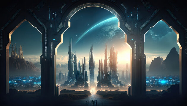 Mega capital city futuristic Sci-fi town background, sci-fi landscape fantastic, alien city planet society, night scene with stars and planet, with Generative AI.