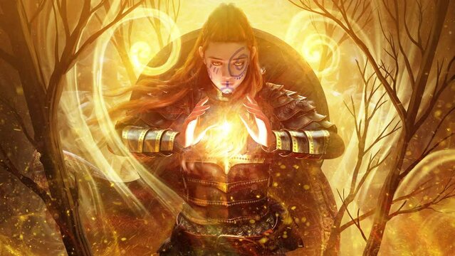 young girl with red hair in a gilded Viking plate armor with a shield on her back, she appeals to the magic of the earth forming the spiritual sacred seed of nature. clean looped 2d animated art