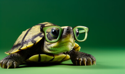 Adorable turtle character. Little funny turtle in glasses. Generative AI.