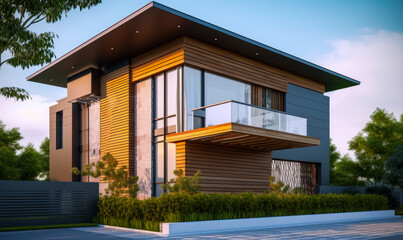 Fototapeta premium Residental luxury exterior. Outdoor modern designed house. Generative AI.