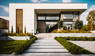 Fototapeta na wymiar House with modern facade exterior. Luxury home with beautiful green facade. Generative AI.