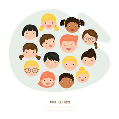 Portraits of boys and girls of different nations and races. Multi-ethnic children close-up. Faces of various kids. Friendship of peoples, happy childhood. Poster, place for text