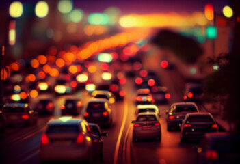 Blurred, car traffic jam with city bokeh light. blurry. Defocused. Generative AI