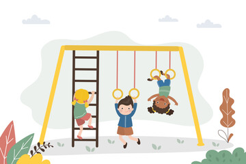 Happy children have fun playing on rings. Cute kids having fun in playground. Multiethnic girls and boys hang on rings and climb stairs. Childhood, entertainment and playtime