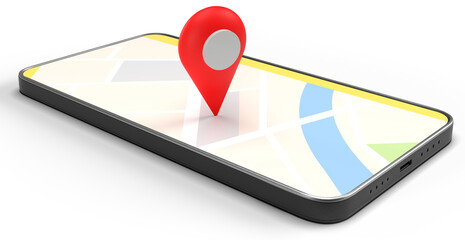 3D Render of Red Pin on the Map on Mobile Phone Screen