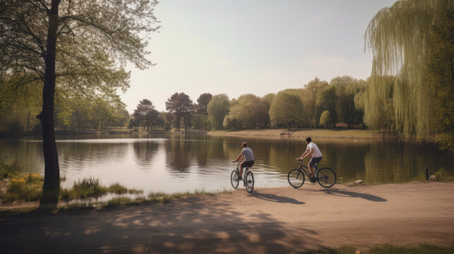Two people standing with mountainbikes at the riverside of a lake in a park. Generative AI.