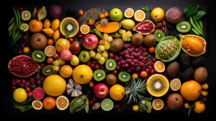 Top down on several exotic fruits lying on a black table as a symbol for healthy food. Generative AI.