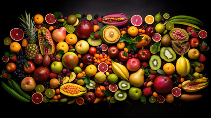 Obraz na płótnie Canvas Several different exotic fruits lying on a black table. Generative AI.