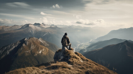 Single male hiker on top of a mounatin in front of an impressive and beautiful landscape. Generative AI.