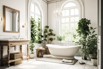 Fototapeta premium Stunning luxurious classical styled bathroom with a white tub, sink, chandelier and green plants. High quality generative ai