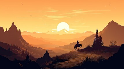 A Lone Cowboy Setting out on a Western Sunset: A Prairie Landscape Silhouette, Generative AI