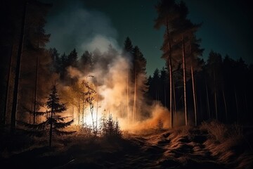 Fototapeta na wymiar The Fierce Power of Nature: Forest Fire Wildfire at Night with Big Smoke Engulfing Trees in Danger: Generative AI
