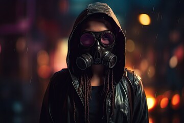 Witness the Fiery Glow of Apocalyptic Punk: A Female Character in a Futuristic Leather Hoodie and Gas-Mask: Generative AI