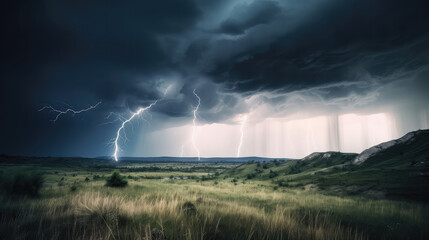 Some thunders of a thunderstorm over a beautiful wide landscape. Generative AI.