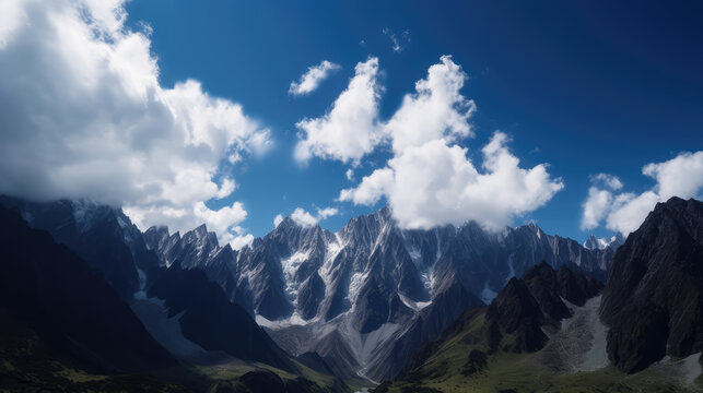 Beautiful landscape shot of a mountain chain wth some fluffy white clouds over it in the sky. Generative AI.