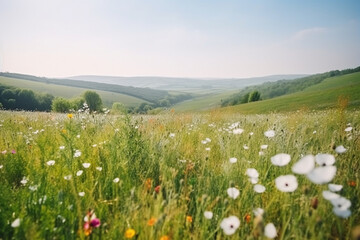 Beautiful background of an undulating landscape with blooming spring flowers and a blue sky, on a sunny day.