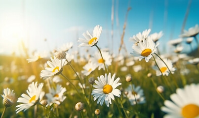 Beautiful close-up spring background with blooming chamomile and a blue sky, on a sunny day.