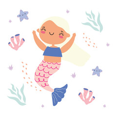 A little mermaid with a white hair and a blue shirt is in front of a white background. The Little Mermaid, starfish and seaweed in cartoon children's style. set of vector images of marine-themed