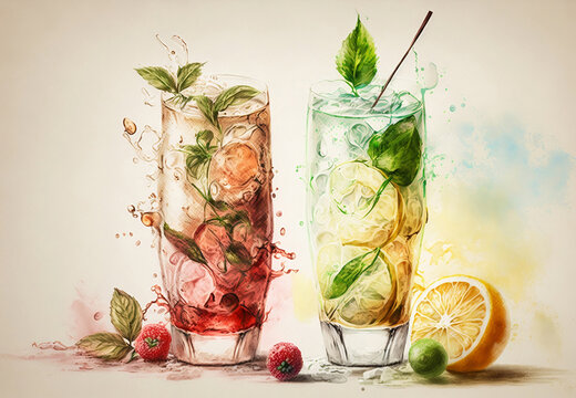 Refreshing summer cocktail, watercolor design. Generative AI