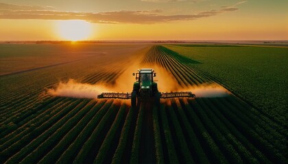 A tractor sprays an agricultural field with fertilizer on a sunset evening. Drone view. Illustration by Generative AI. - obrazy, fototapety, plakaty