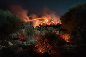 Fototapeta na wymiar A tree devoured by flames. Climate change. Climate emergency natural problem Enviromental. Generative Ai