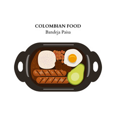 Colombian food (Bandeja Paisa) vector illustration, contains rice, beans, meat, avocado, fried egg, chorizo and sausage.