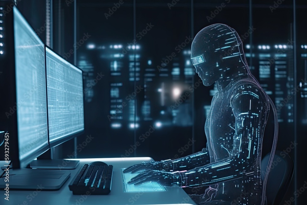 Poster futuristic robot typing and learning with laptop, chat bot. generative ai