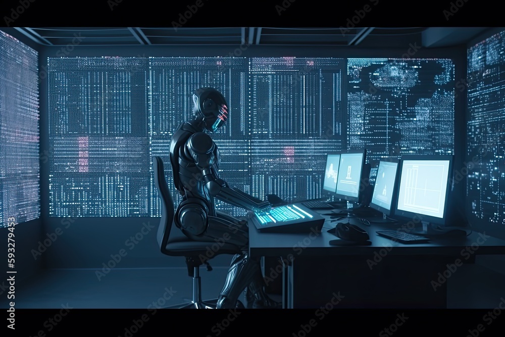 Poster futuristic robot typing and learning with laptop, chat bot. generative ai